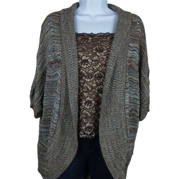 Christopher & Banks Short Sleeve Open Cardigan sweater brown/blue sz small loose - Picture 1 of 10